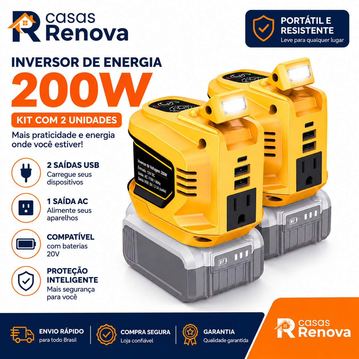 Inversor de Energia 200W para Eletrodomésticos – USB, Tipo-C e Luz LED